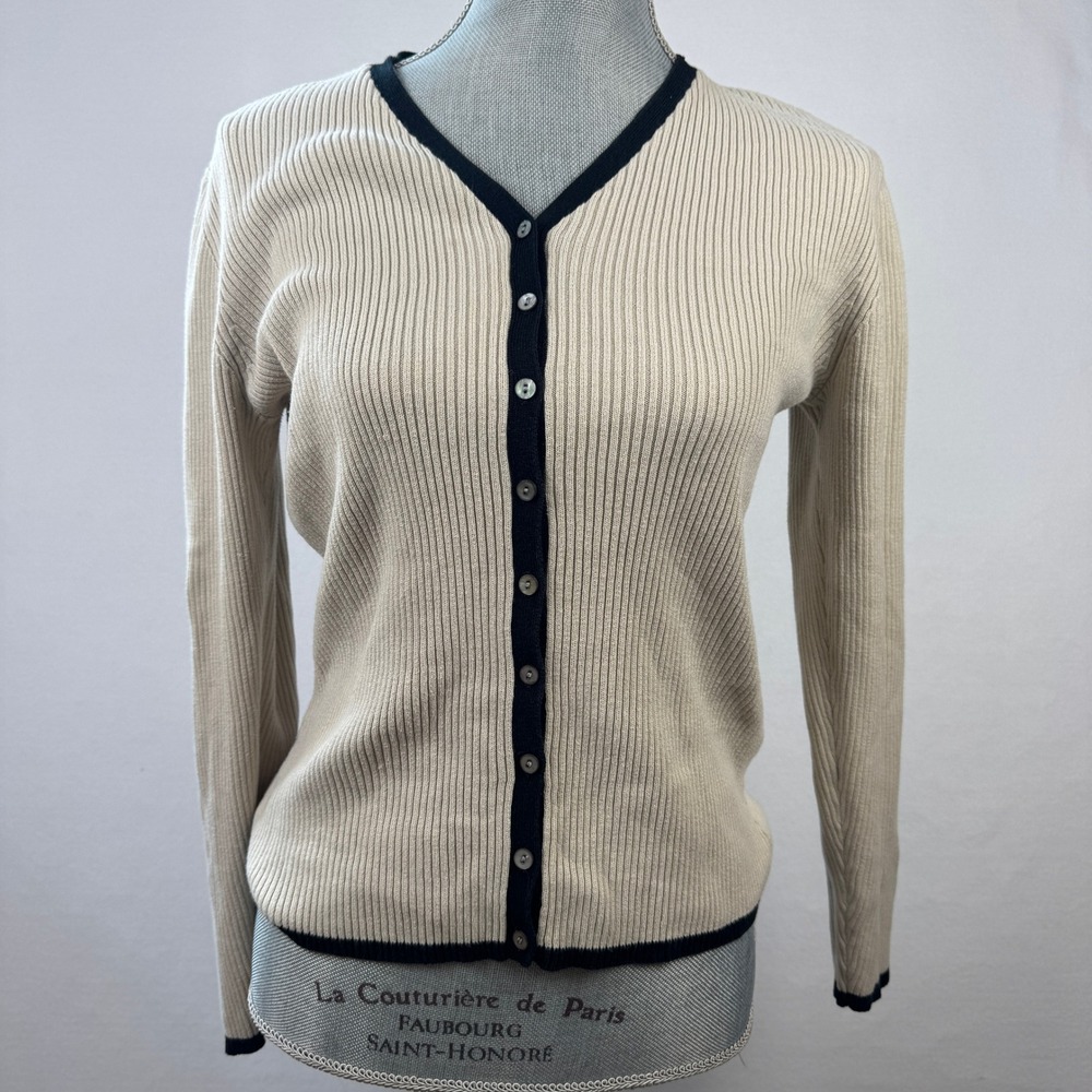 VTG Casual Corner Annex Cream Ribbed Knit V-Neck Cardigan Black Trim Australia M